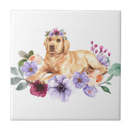 Gele Labradors spelen in bloemen keramische tegels Tegeltje