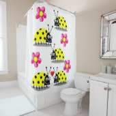 Gele ladybug, wit kinderschoengordijn douchegordijn (In situ)