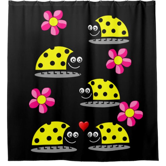 Gele ladybug zwarte kindergordijn douchegordijn (Voorkant)