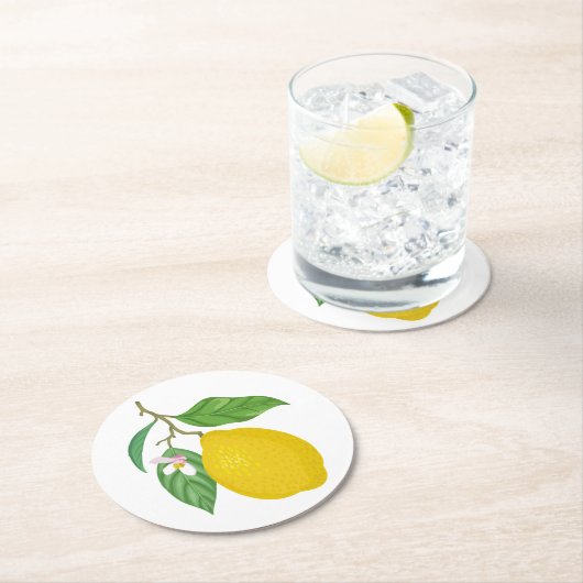 Gele leemon met groene bladeren en witte ventilato ronde kartonnen onderzetter (Insitu)