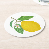 Gele leemon met groene bladeren en witte ventilato ronde kartonnen onderzetter (Gebogen)