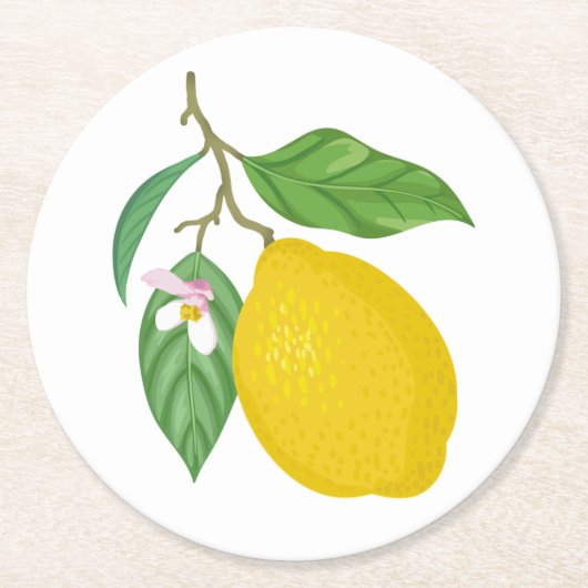 Gele leemon met groene bladeren en witte ventilato ronde kartonnen onderzetter (Voorkant)
