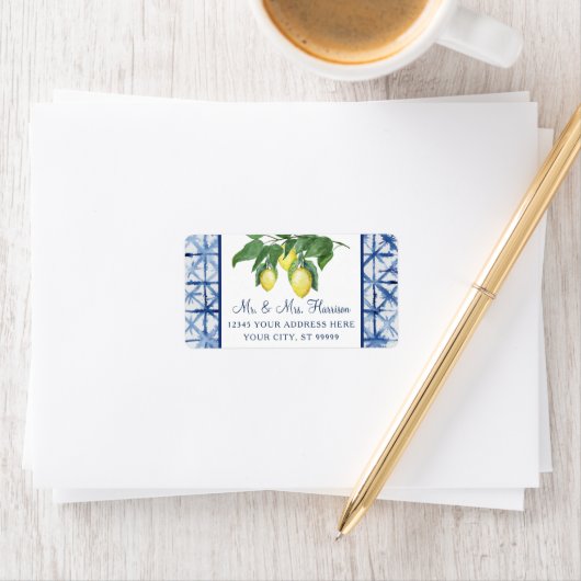 Gele leemons Citrus Foliage Blue White Weddenschap Etiket (Insitu)