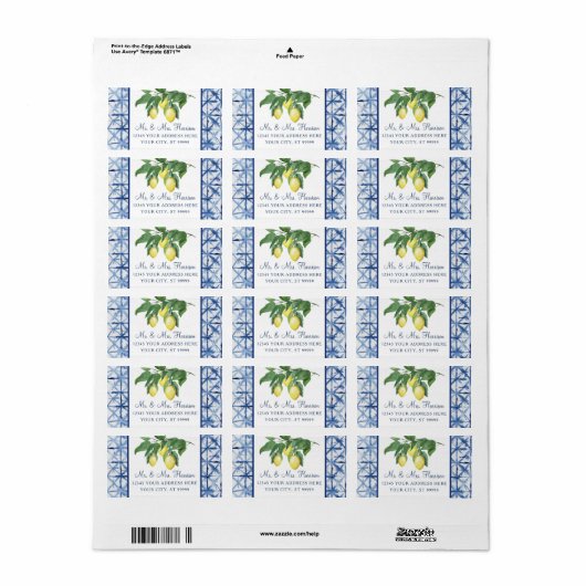 Gele leemons Citrus Foliage Blue White Weddenschap Etiket (Full Sheet)