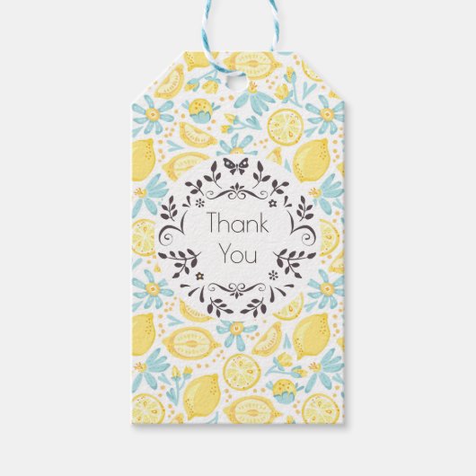 Gele leemons en blauw bloemen Patroon Dank u Cadeaulabel (Voorkant)