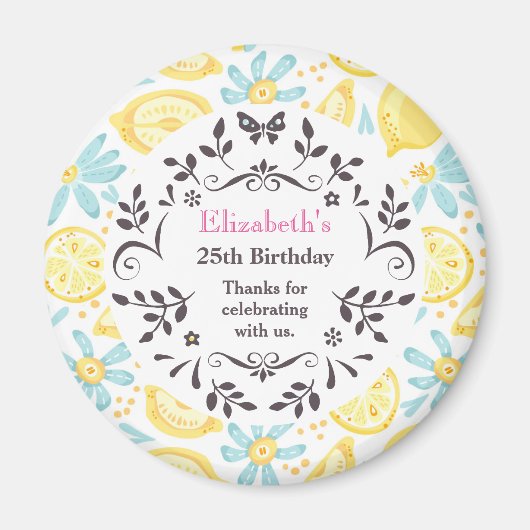 Gele leemons en blauwe bloemen Birthday Hartelijk  Magneet (Voorkant)