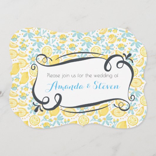 Gele leemons en blauwe bloemen bruiloft uitnodigen kaart (Voorkant / Achterkant)
