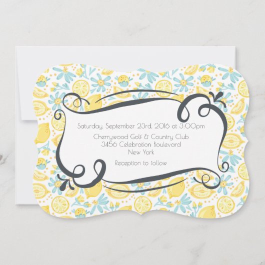 Gele leemons en blauwe bloemen bruiloft uitnodigen kaart (Achterkant)