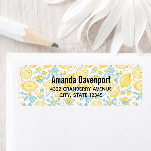 Gele leemons en blauwe bloemen geïllustreerd Patro Etiket (Insitu)