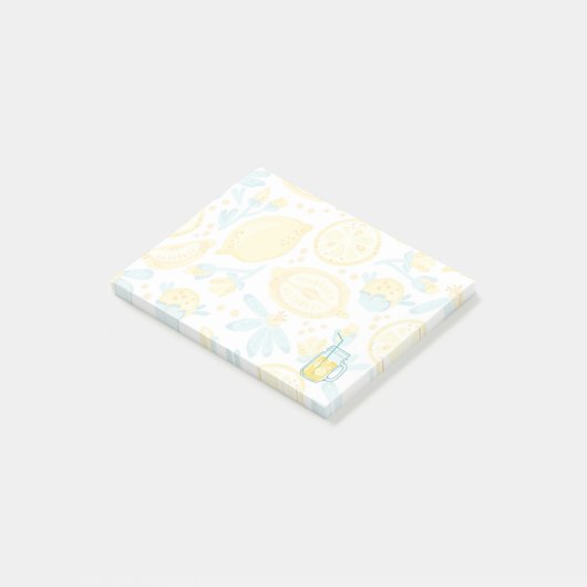 Gele leemons en blauwe bloemen geïllustreerd patro post-it® notes (Schuin)