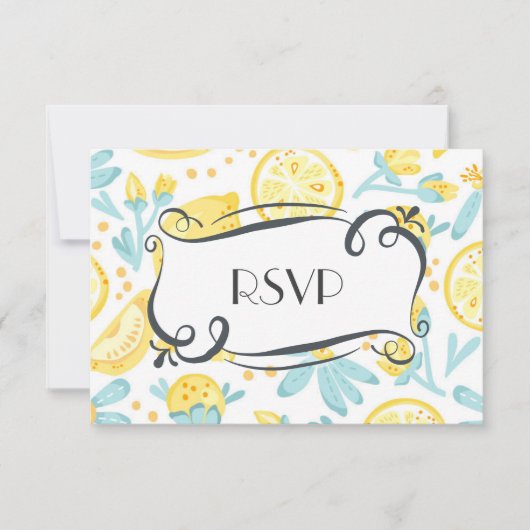 Gele leemons en blauwe bloemen Quaint Wedding RSVP (Voorkant)