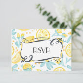 Gele leemons en blauwe bloemen Quaint Wedding RSVP (Staand voorkant)