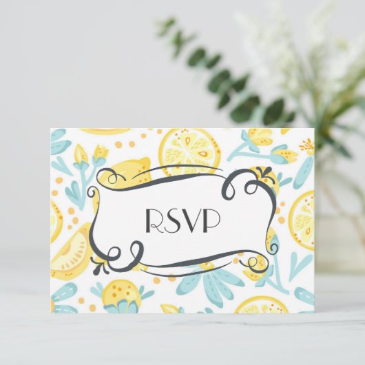 Gele leemons en blauwe bloemen Quaint Wedding RSVP (Staand voorkant)
