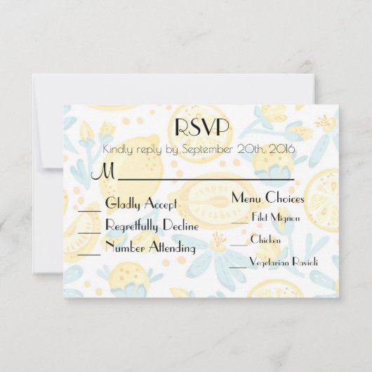 Gele leemons en blauwe bloemen Quaint Wedding RSVP (Achterkant)