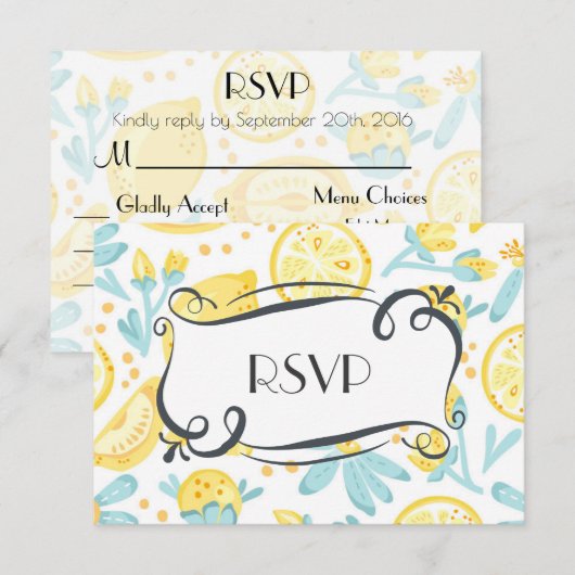 Gele leemons en blauwe bloemen Quaint Wedding RSVP (Voorkant / Achterkant)