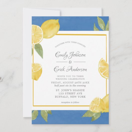 Gele leemons en blauwe Waterverf bruiloft Kaart (Voorkant)