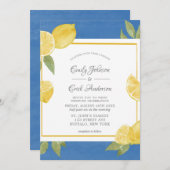 Gele leemons en blauwe Waterverf bruiloft Kaart (Voorkant / Achterkant)
