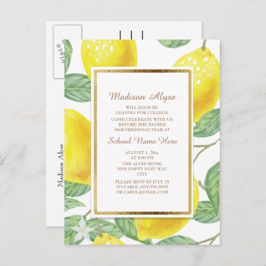 Gele leemons Groene Leidingen Witte Boompartij Uitnodiging Briefkaart (Voorkant / Achterkant)