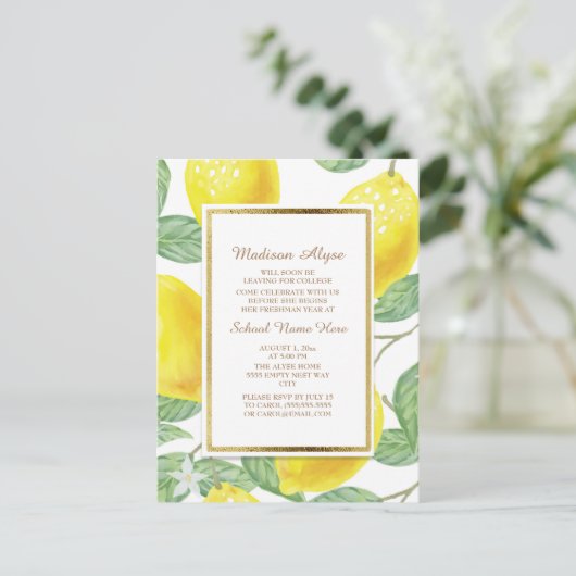 Gele leemons Groene Leidingen Witte Boompartij Uitnodiging Briefkaart (Staand voorkant)