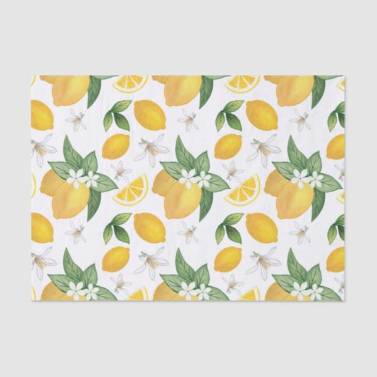 Gele leemons laten witte bloemen Rustisch Tissuepapier (Voorkant)