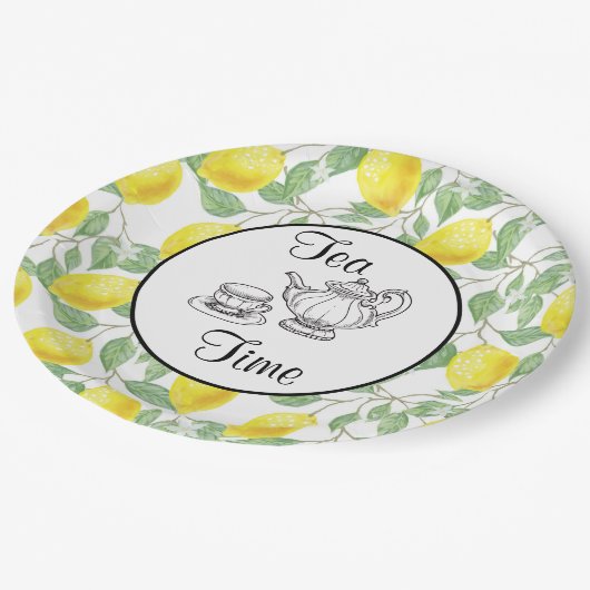 Gele leemons met groene lederen Patroontijd Papieren Bordje (Gekanteld)