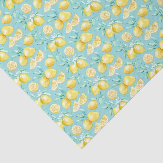Gele leemons op lichtblauw tissuepapier (Detail)