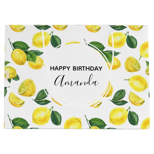 Gele leemons Waterverf Vruchtpatroon Birthday Groot Cadeauzakje (Voorkant)