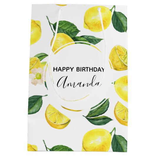 Gele leemons Waterverf Vruchtpatroon Birthday Medium Cadeauzakje (Achterkant)