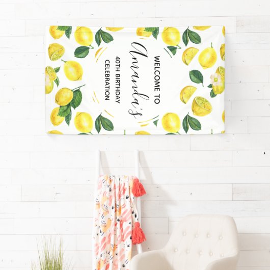 Gele leemons Waterverf Vruchtpatroon Birthday Spandoek (Insitu)