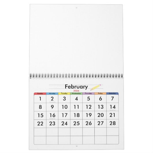 Gele lege kalender met feestdagen voor kinderen (Feb 2026)