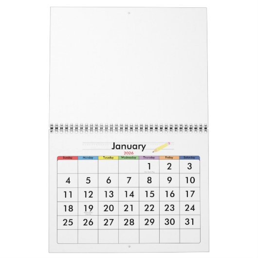 Gele lege kalender met feestdagen voor kinderen (Jan 2026)