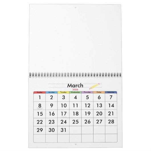 Gele lege kalender met feestdagen voor kinderen (Mar 2026)