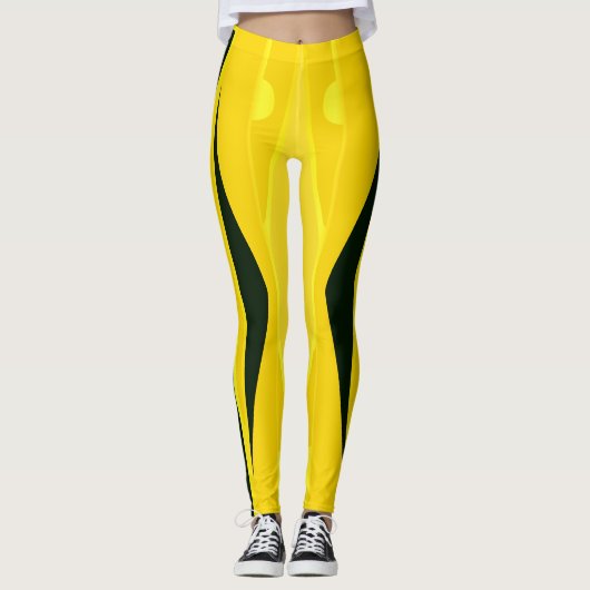 Gele Leggings met golvende zwarte strepen (Voorkant)