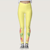 Gele Leggings met roze perzik tropische bloemen (Voorkant)