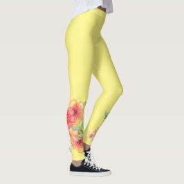 Gele Leggings met roze perzik tropische bloemen