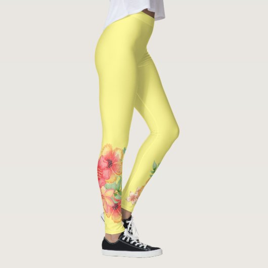 Gele Leggings met roze perzik tropische bloemen (Rechts)