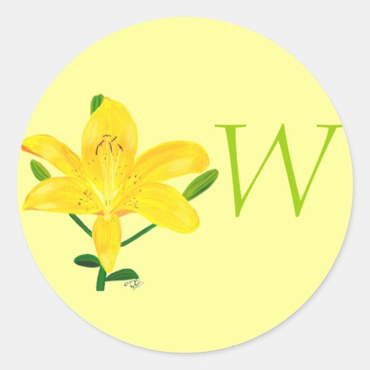 Gele Lelie Monogram Trouwzegels Ronde Sticker (Voorkant)