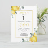 Gele Lemon 1e Birthday Summer Party Uitnodiging (Staand voorkant)