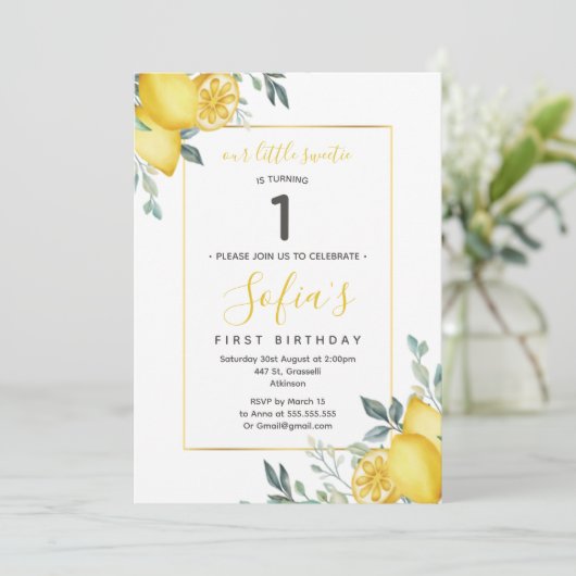 Gele Lemon 1e Birthday Summer Party Uitnodiging (Staand voorkant)