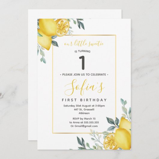 Gele Lemon 1e Birthday Summer Party Uitnodiging (Voorkant / Achterkant)