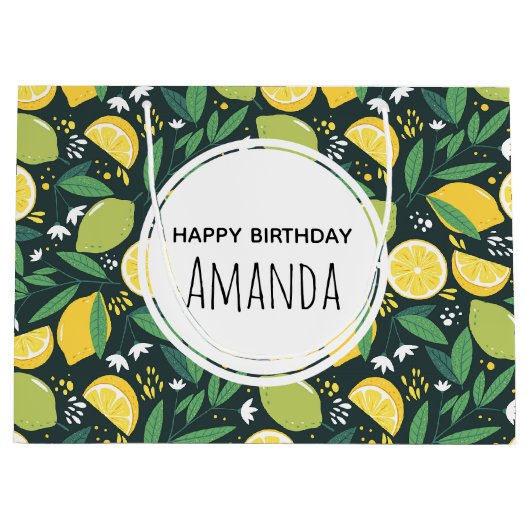 Gele lemon en groene Limoen fruitpatroonvogels Groot Cadeauzakje (Voorkant)