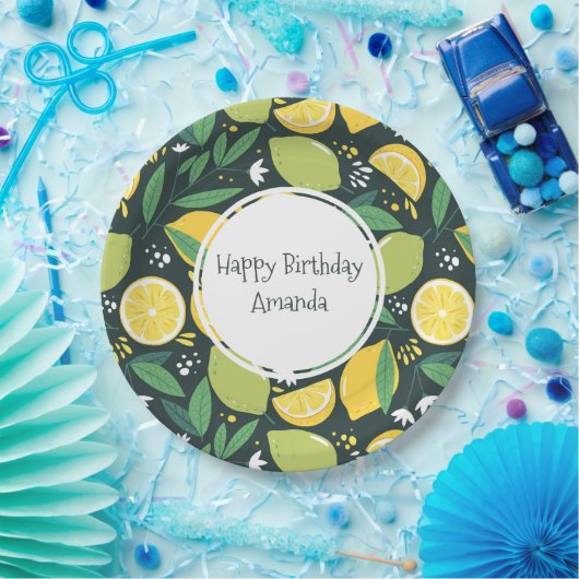 Gele lemon en groene Limoen fruitpatroonvogels Papieren Bordje (Feest)