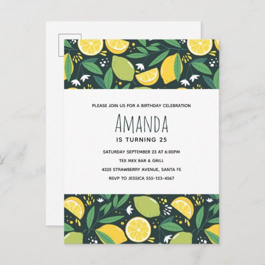 Gele lemon en groene Limoen fruitpatroonvogels Uitnodiging Briefkaart (Voorkant / Achterkant)