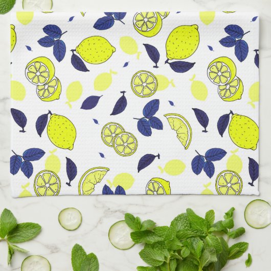 Gele Lemon Print en Blue Leaves Food Pattern Theedoek (Gevouwen)