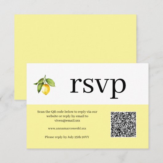 Gele Lemon QR Code RSVP Card Kaartje (Voorkant / Achterkant)