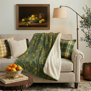 Gele Lemon Sketch op Donkergroen Sherpa Deken