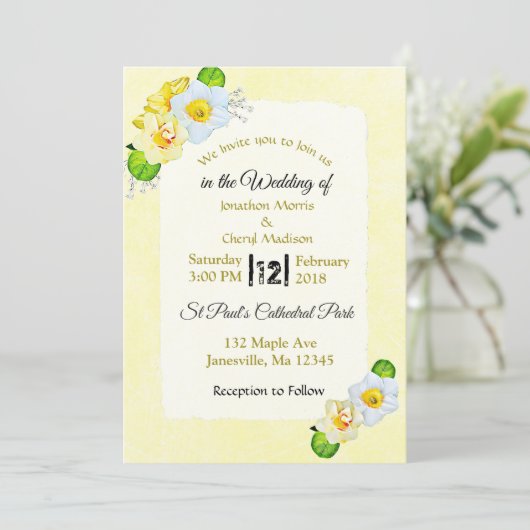 Gele lente bloemen bruiloft uitnodigingen (Staand voorkant)