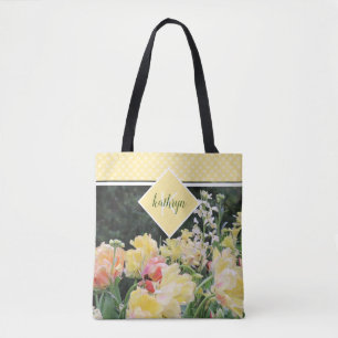 Gele Lente Bloemen en Harten Monogram Canvas tas