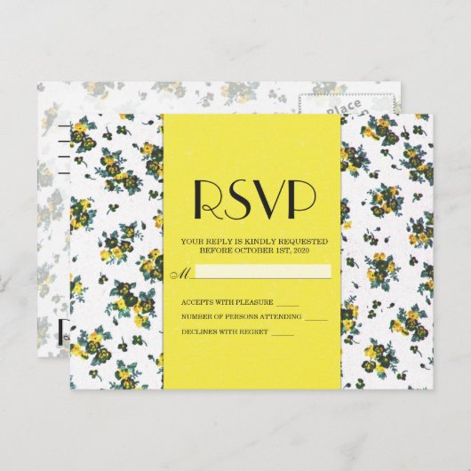 Gele lente bloemen op wit en geel papier uitnodiging briefkaart (Voorkant / Achterkant)