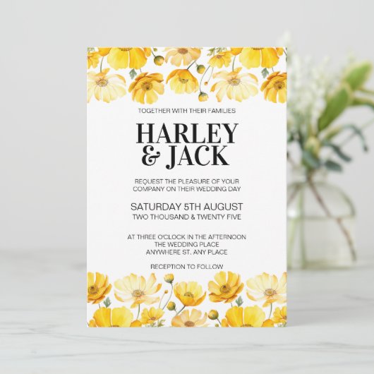 Gele lente dag bruiloft uitnodiging (Staand voorkant)